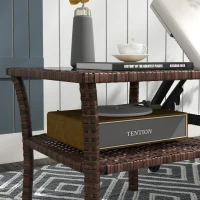 Outsunny Outdoor Wicker Coffee Table, Rattan Patio Furniture with 2-Tier Storage Shelf , Steel Frame Square, Side Table with Tempered Glass Top, Brown(m-9)