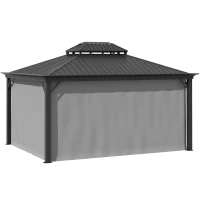 Outsunny 12' x 16' Hardtop Gazebo with Curtains and Netting, Permanent Pavilion Metal Double Roof Gazebo Canopy with Aluminum Frame and Hooks, for Garden, Patio, Backyard, Gray(m-11)