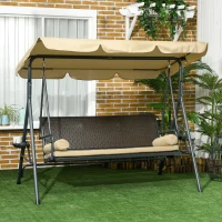 Outsunny 3-Seat Patio Swing Chair, Outdoor Canopy Swing Glider with Removable Cushion, Pillows, Adjustable Shade, and Rattan Seat, for Porch, Garden, Poolside, Backyard(m-10)