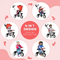 Qaba 6 in 1 Toddler Tricycle with Parent Push Handle, Canopy, Storage Baskets, Cupholder, Red(m-4)