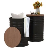 HOMCOM Round Storage Ottoman Set of 2, Nesting Ottomans with Wooden Lid, Metal Frame and Hidden Storage Space for Bedroom(m-11)