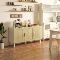 HOMCOM Boho Kitchen Cabinet, Buffet Cabinet with 3 Rattan Doors and Adjustable Shelves for Dining Room, White and Natural(m-2)