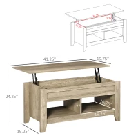 HOMCOM 42" Lift Top Coffee Table with Hidden Storage Compartment and Open Shelves, Lift Tabletop Pop-Up Accent Table for Living Room, Oak Wood Grain(m-3)