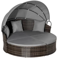 Outsunny 2 Pcs Rattan Outdoor Daybed with Retractable Canopy, Wicker Round Patio Daybed Set with Cushions & Pillows, Mixed Grey(m-11)