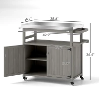 Outsunny Outdoor Grill Cart w/ Stainless Steel Top, Solid Wood Outdoor Kitchen Island w/ Wheels, Storage Cabinets, Gray(m-3)