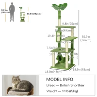 PawHut 56" Cat Tree for Large Cats Adult with Hammock, Cat Tower with Scratching Post, Platforms, Play Ball and Anti-tipping Device, for Indoor Cats, Green(m-3)