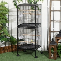 PawHut 55.1" 2 In 1 Bird Cage Aviary Parakeet House for finches, budgies with Wheels, Slide-out Trays, Wood Perch, Food Containers, Black