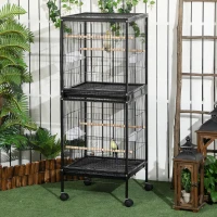 PawHut 55.1" 2 In 1 Bird Cage Aviary Parakeet House for finches, budgies with Wheels, Slide-out Trays, Wood Perch, Food Containers, Black(m-1)