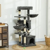 PawHut 52.5" Cat Tree Tower with Scratching Posts, Cat Condos, Bed, Platforms, Hammocks, for Indoor Cats, Dark Grey(m-8)