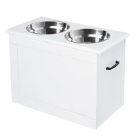 PawHut Raised Pet Feeding Storage Station with 2 Stainless Steel Bowls Base for Large Dogs and Other Large Pets, White(m-11)