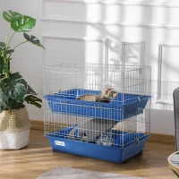 PawHut Metal Small Animal Cage, 2-Tier Guinea Pig Cage with 2 Doors, Platforms, Wide Ramp, Dish and Bottle, Deep Base, for Ferrets, Chinchillas, Bunnies, Blue(m-1)
