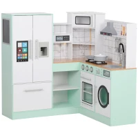 Qaba Play Kitchen, Corner Kids Kitchen Playset w/ Chalkboard, Range Hood, Ice Maker, Stove, Microwave, Sound & Lights(m-1)