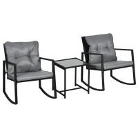 Outsunny 3 Pieces Rocking Bistro Set, Outdoor Wicker Patio Furniture with Glass Coffee Table and Outside Rocking Chairs for Porch, Lawn, Conversation Sets with Thick Cushions, Gray(m-11)