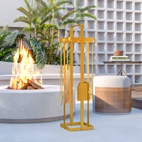 Outsunny 5 Piece Metal Fireplace Tools Set with Brush Broom, Poker, Shovel, Tongs, and Stand for Indoor or Outdoor, Gold(m-10)