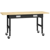 HOMCOM 59" Work Bench with Drawer, Height Adjustable Legs, Bamboo Tabletop Workstation Tool Table on Wheels for Garage, Weight Capacity 1320 Lbs, Black/Natural(m-1)