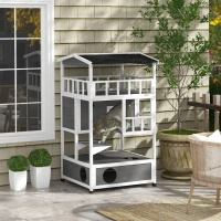 PawHut Wooden Outdoor Cat House with Asphalt Roof, Escape Doors, Condo, Jumping Platform, Light Gray(m-10)