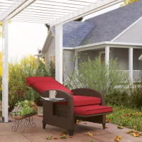 Outsunny Outdoor Recliner Chair with Adjustable Backrest, Cushion, Side Tray, Wine Red(m-9)