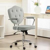 HOMCOM Cute Office Chair, Desk Chair with Button Tufted Velvet-Feel Fabric, Swivel Computer Vanity Chair, Gray(m-10)