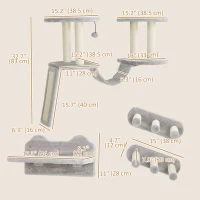 PawHut 3PCs Cat Wall Shelves w/ Scratching Post, Perches, Steps, Ladder, Light Grey(m-3)