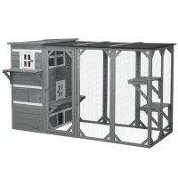 PawHut Wooden Cat Catio, 76"L Walk in Outdoor Cat House with Asphalt Roof, Platforms, Lockable Doors, 3-tier Resting Condo, Observation Window, for 2-3 Cats, Light Grey(m-2)