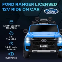 Qaba Ford Ranger Licensed Kids Ride on Car 12V Battery Power Car with Remote Control, Spring Suspension Toy Storage, Blue(m-4)