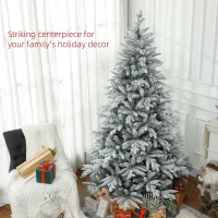 HOMCOM 7ft Artificial Flocked Christmas Tree with Snow Tips, Easy Assembly, Hinged Xmas Tree for Home Office Holiday(m-4)