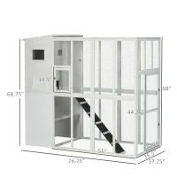 PawHut Wooden Outdoor Catio with Platforms, Asphalt Roof, Ramps, White(m-3)