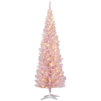 HOMCOM 6ft Pencil Christmas Tree, Slim Artificial Christmas Tree with Realistic Branches and Warm White LED Lights, Pink(m-11)