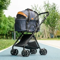 PawHut 2 in1 Foldable Pet Stroller and Detachable Travel Carriage with Lockable Wheels, Adjustable Handlebar Canopy and Zippered Mesh Window Blue(m-10)