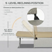 Outsunny 5PC Wicker Patio Lounger, Outdoor PE Rattan 5-level Adjustable Recliner Sofa Bed with Storage Side Table and Footstools, for Patio, Garden, Poolside, Khaki(m-6)