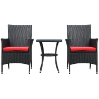 Outsunny 3 Pieces Wicker Patio Furniture Set, Rattan Bistro Set with Glass Top Coffee Table and Cushions, Outdoor Conversation Set for Garden, Porch, Balcony, Red(m-11)