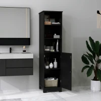 kleankin Tall Bathroom Storage Cabinet, Freestanding Tower Cabinet with Adjustable Shelf, 3 Open Shelves, Black(m-8)