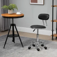 HOMCOM Faux Leather Salon Stool, Height Adjustable Rolling Stool with Footrest Ring, Back and Wheels for Beauty, Tattoo, Black(m-8)
