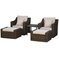 Outsunny 5-Piece PE Rattan Outdoor Patio Armchair Set with 2 Armchairs, 2 Ottomans, Wood Grain Plastic Top Coffee Table Conversation Set, & Metal Frame Build, Mixed Gray(m-2)