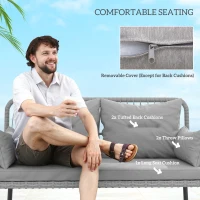 Outsunny 2 Pieces Wicker Patio Furniture Set, Small Patio Seat with Outdoor Loveseat, Glass Top Table and Cushions, Light Grey(m-5)