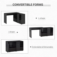 HOMCOM Convertible L-Shaped Computer Desk, Corner Table wth 3 Fabric Storage Boxes, Retractable Home Office Desk, Black(m-4)