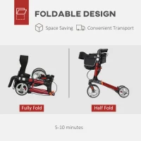 HOMCOM Lightweight Folding Rolling Walker with Large Seat, Back, Adjustable Handle, Bag, Dual Brake, Cane Holder, Red(m-4)