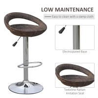 HOMCOM Set of 2 Pub Bar Stools Rattan Wicker Chair Chrome Finish Adjustable Swivel Seat, Deep Brown(m-6)