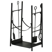 Outsunny Firewood Rack with Fireplace Tools, Indoor Outdoor Firewood Holder, Flat Bottom with 2 Tiers for Fireplace, Wood Stove, Hearth or Fire Pit, Black(m-11)