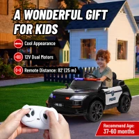 Qaba 12V Kids Electric Police Car w/ Remote Control, Spring Suspension, Transport Wheel, Siren, Music, Light, Horn, Black(m-9)