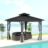 Outsunny 10' x 10' Hardtop Gazebo, Sun Shelter with Double Tier Metal Roof, Mosquito Netting, and Hanging Hook, Light Grey