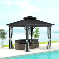 Outsunny 10' x 10' Hardtop Gazebo, Sun Shelter with Double Tier Metal Roof, Mosquito Netting, and Hanging Hook, Light Grey(m-1)