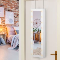 HOMCOM Jewellery Armoire with Mirror, Jewellery Cabinet with 18 LED Lights, Wall-Mounted and Over-The-Door Cabinet with 3 Mountable Heights and Drawer, White(m-8)