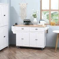 HOMCOM Kitchen Island with Storage, Rolling Kitchen Island with Drop Leaf, Rubber Wood Top and Adjustable Shelves, White(m-9)