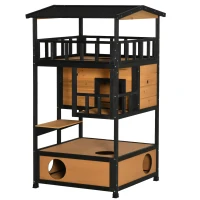 PawHut Wooden Outdoor Cat House, Feral Cat Shelter Kitten Condo with Asphalt Roof, Escape Doors, Condo, Jumping Platform, Yellow(m-11)