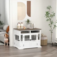 PawHut Dog Kennel Furniture Side End Table with Storage, Double Doors for Small and Medium Dogs, White(m-10)