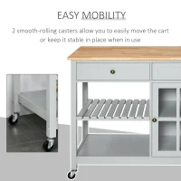 HOMCOM Rolling Kitchen Island with Storage, Kitchen Cart with Solid Wood Top, Glass Door Cabinet, Adjustable Shelf, Towel Rack, 2 Drawers for Dining Room, Gray(m-6)