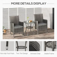 Outsunny 3 Pieces Wicker Patio Furniture Set, Rattan Bistro Set with Glass Top Coffee Table and Cushions, Outdoor Conversation Set for Garden, Porch, Balcony, Mixed Grey(m-5)