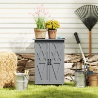 Outsunny Outdoor Storage Cabinet, Wooden Garden Storage Shed with 2-Tier Shelves, Metal Tabletop and Magnetic Doors, Grey(m-10)