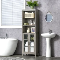 kleankin Tall Bathroom Storage Cabinet with 3 Tier Shelf, Glass Door Cabinet, Freestanding Linen Tower with Adjustable Shelves, Gray Wood Grain(m-2)